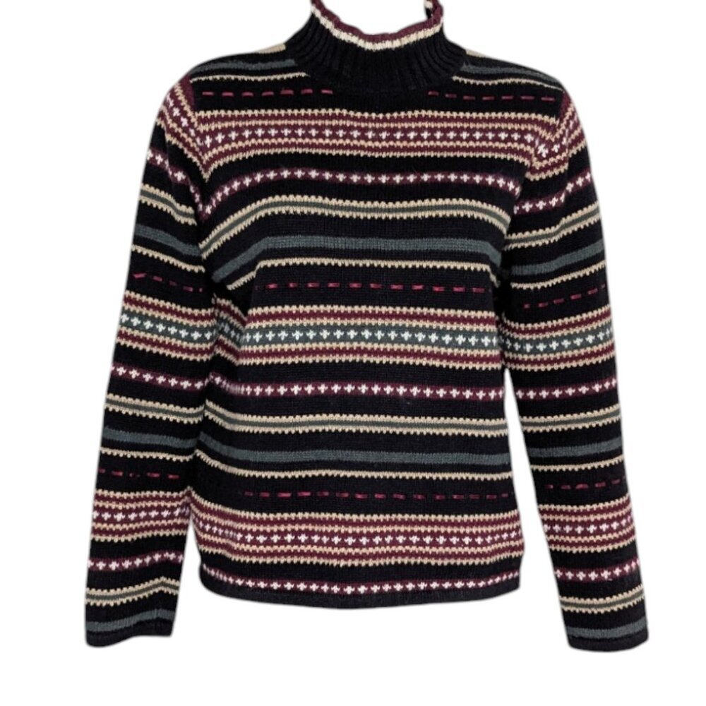 VTG Fuzzy Chunky Knit Ribbed Mock Neck Multi Pattern Black Maroon Stripe Sweater